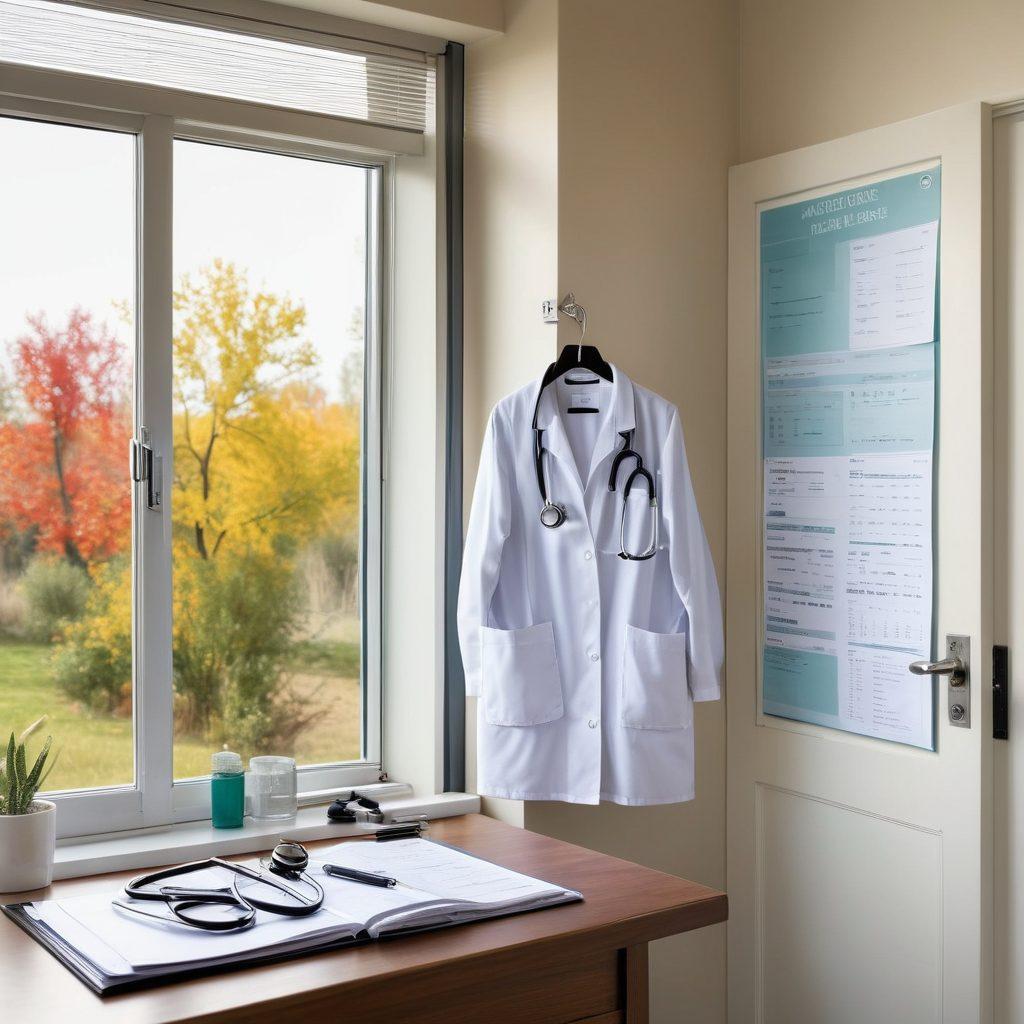 A serene medical examination room with a stethoscope and medical charts on the desk. Include a doctor's white coat hanging on a door and a bright window showcasing a calm outdoor scene. Display a diverse group of patients interacting with healthcare professionals, demonstrating compassion and care. The atmosphere should feel warm and inviting, highlighting the importance of health assessments. super-realistic. vibrant colors. white background.