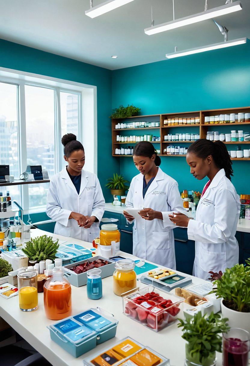 A serene laboratory scene featuring a diverse group of professionals analyzing samples, surrounded by vibrant wellness resources like herbal supplements, healthy food options, and modern medical equipment. In the background, infographics about health and wellness are displayed, emphasizing data analysis and personal health tracking. Bright, inviting colors depict an atmosphere of hope and empowerment. super-realistic. vibrant colors. modern design.
